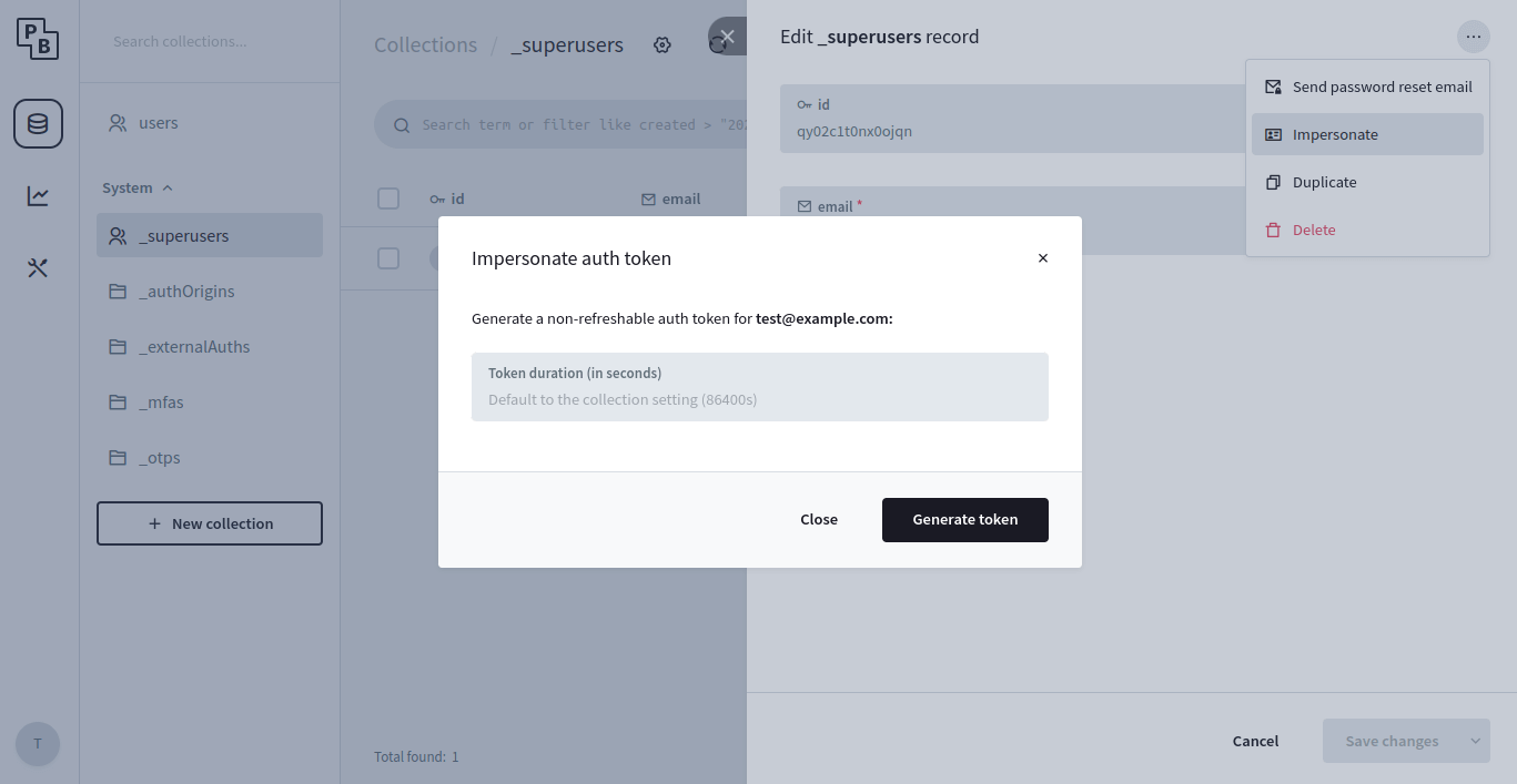 Screenshot of the _superusers impersonate popup