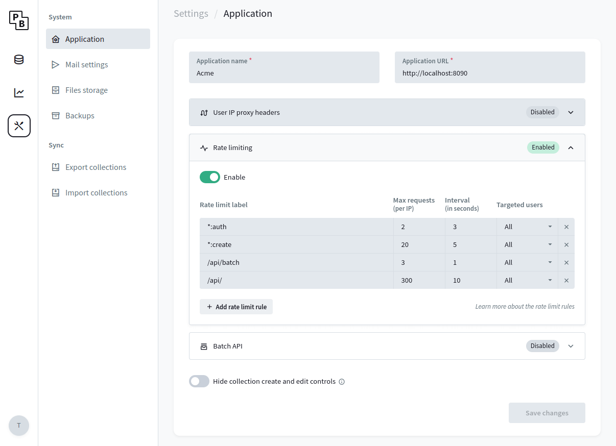 Rate limit settings screenshot